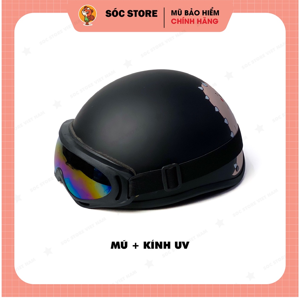 Mũ bảo hiểm nửa đầu 1/2 in hình Khủng long đen kính phi công Sóc Store Vietnam