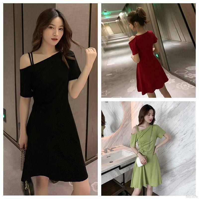 Đầm chữ A trễ vai màu trơn thời trang trẻ trung cho nữ