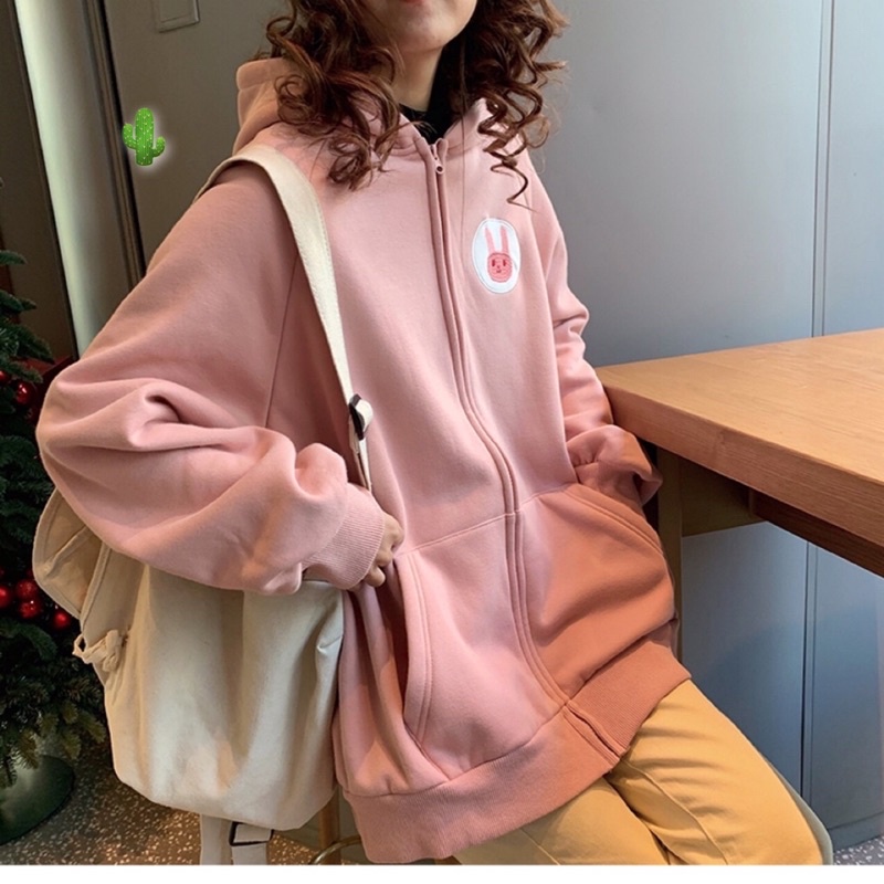 🌵Áo hoodie zip kéo thêu tai thỏ tròn xinh ( áo khoác nỉ bông )