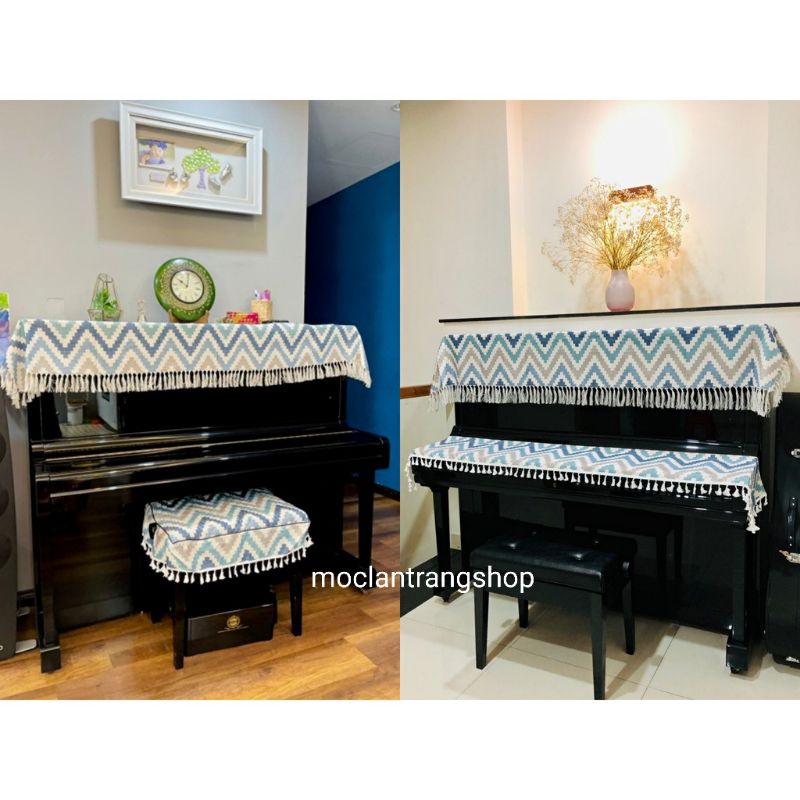 Khăn phủ đàn piano cơ điện họa tiết kẻ phong cách Bắc Âu hiện đại. Tấm phủ phím ghế đàn vải thô đũi cao cấp chống bụi