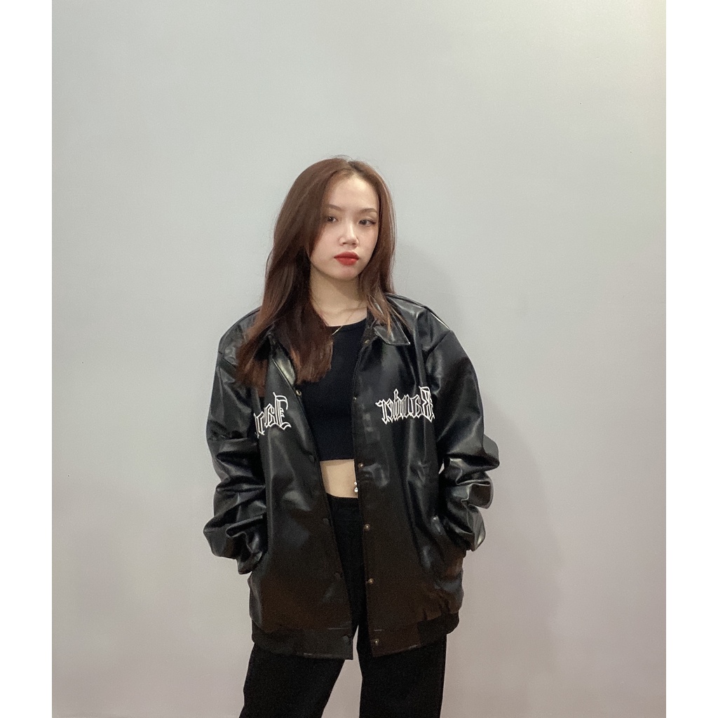 Áo Khoác Bomber Varsity Jacket BOM HOUSE Nam Nữ Chất Liệu Full Da Logo 2 Lớp