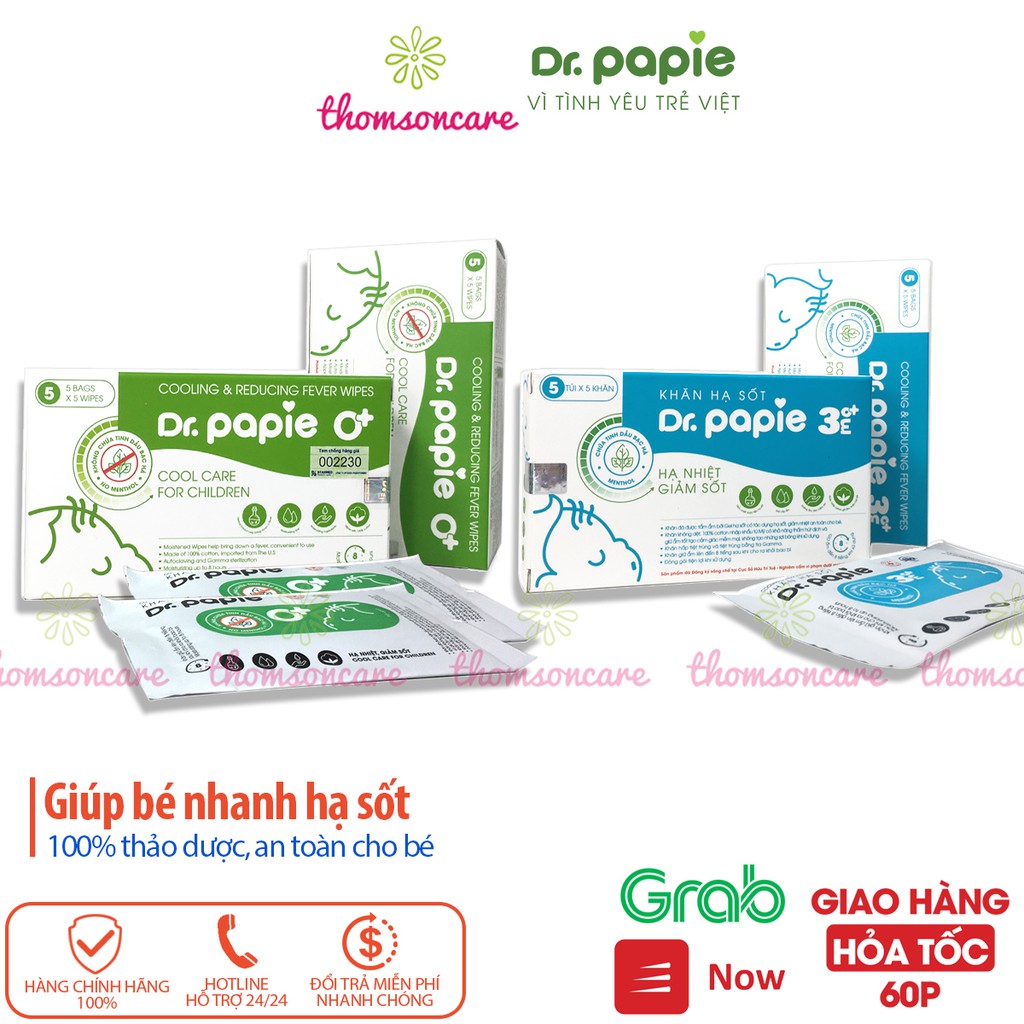 Dr Papie - Khăn lau hạ sốt cho trẻ em, cho bé từ sơ sinh, 3 tháng tuổi từ thảo dược, bạc hà, tía tô