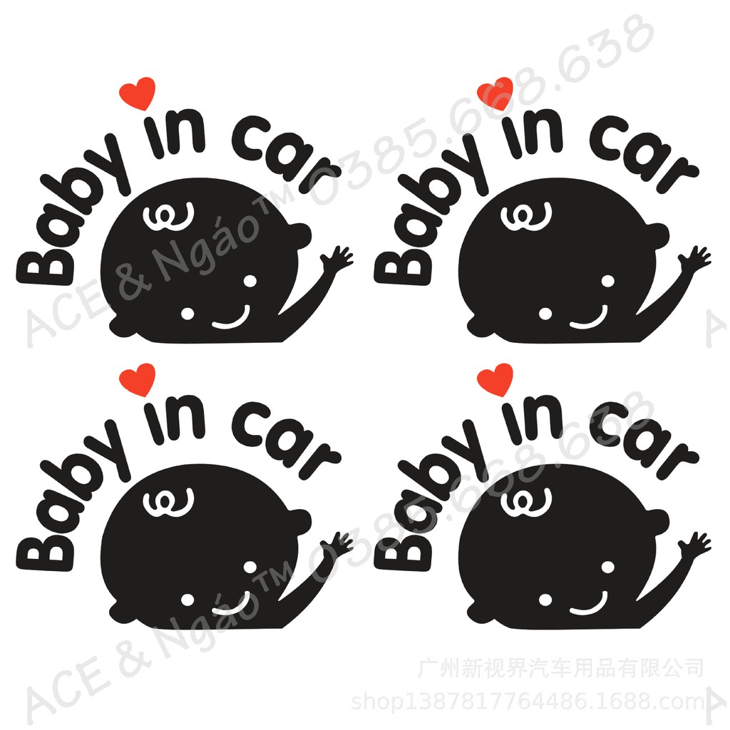 Tem Decal baby in car dán xe đen trắng 13x16cm