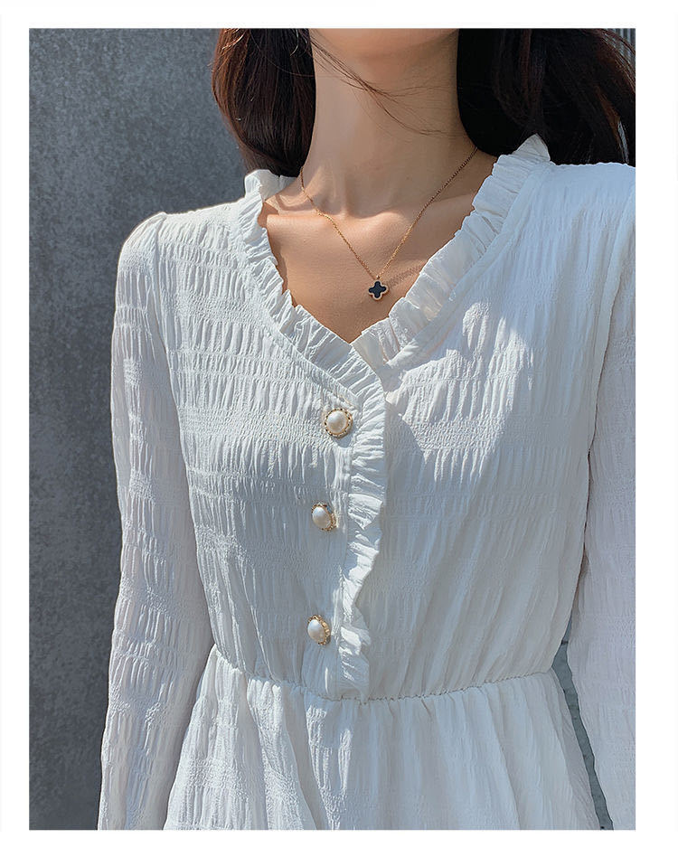 Hepburn style French white dress long sleeve dress women's waistline shows thin temperament medium length skirt