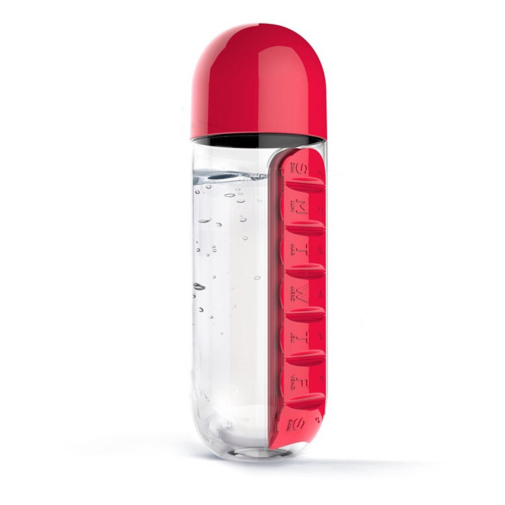 Bình nước xách tay 600ml tích hợp hộp đựng thuốc uống 7 ngày tiện lợi Q08