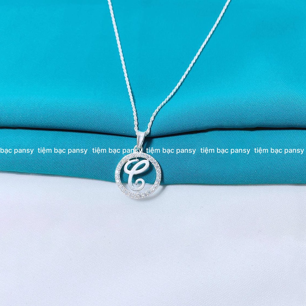 Dây chuyền bạc nữ PANSY mặt chữ cái theo tên - Vòng cổ nữ bạc ta 925 viền tròn nạm đá lấp lánh, có thể kết hợp đeo đôi