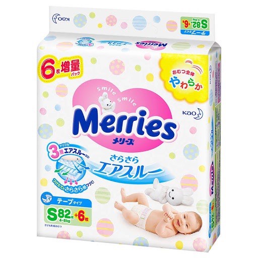 Bỉm Merries Nội Địa Nhật Bản NB96/ S88/ M68/ L58/ XL44/ XXL28, Tã Merries Cho Bé Siêu Thấm Hút