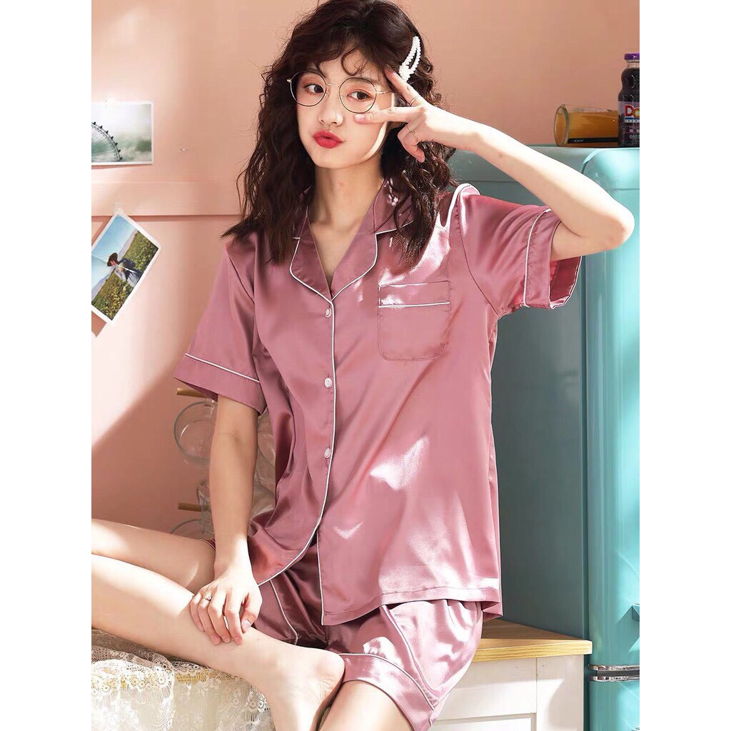 Bộ đùi lụa phi cộc tay nữ Set quần shorts đùi kèm áo ngắn đồ ngủ pizama chạy viền trơn màu basic ulzzang Ailee