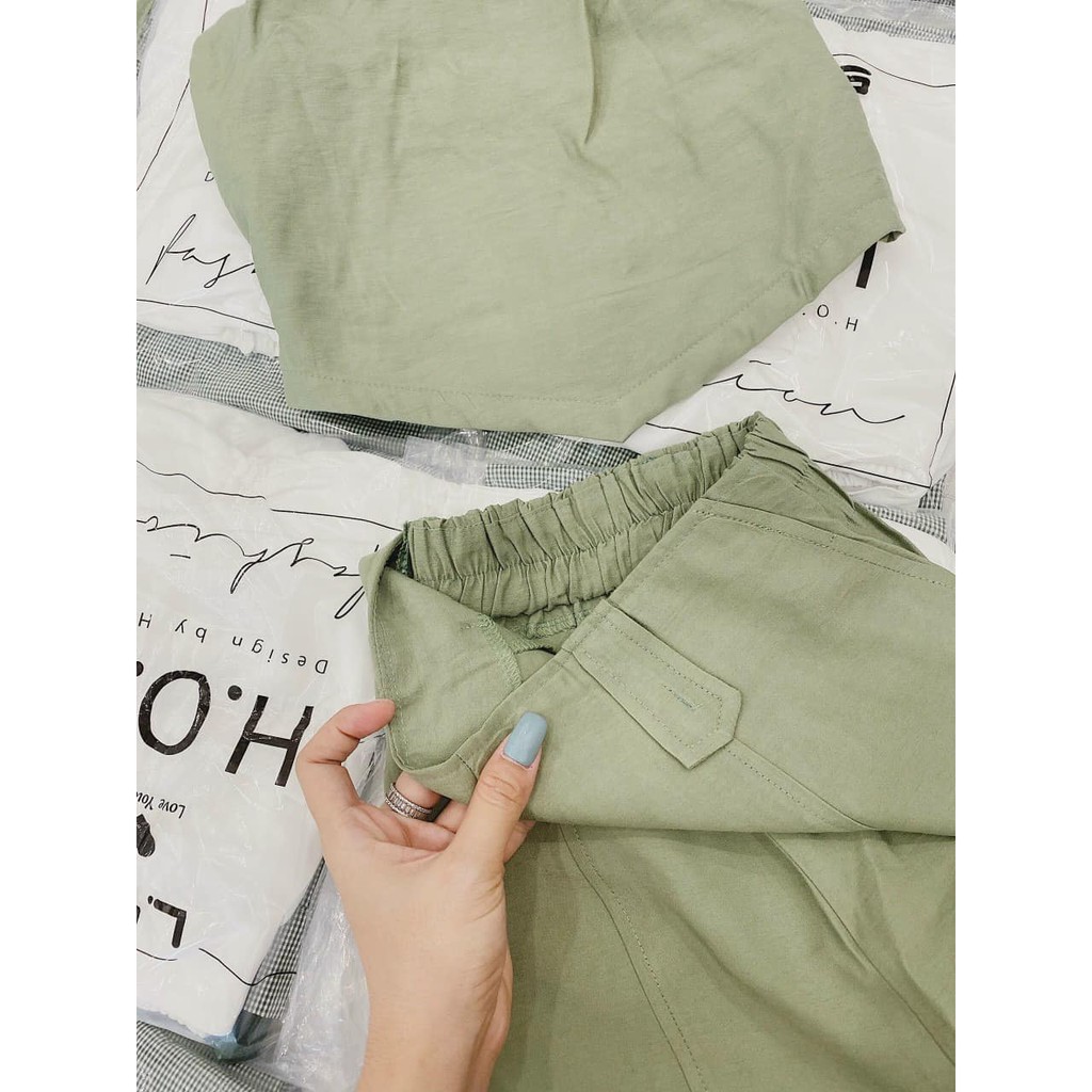 Set áo xanh cổ yếm + quần suông