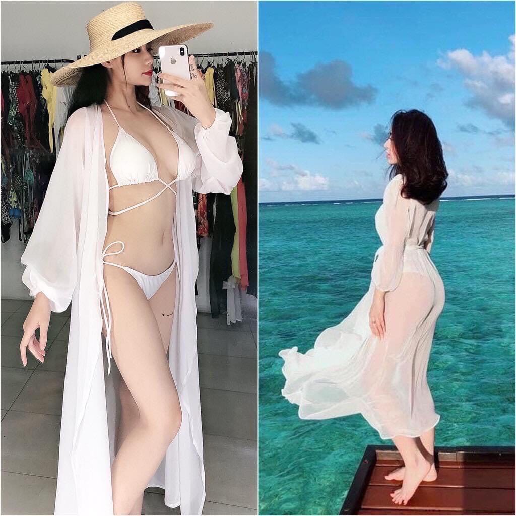 Áo Khoác Kimono Đi Biển Dáng Dài Hai Màu, Áo Choàng Bikini Voan Tay Kiểu  - OK009