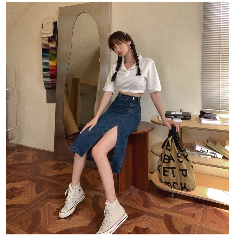 Chân Váy Denim Xanh Dương Xẻ Tà Lưng Cao Vừa Vặn 43784