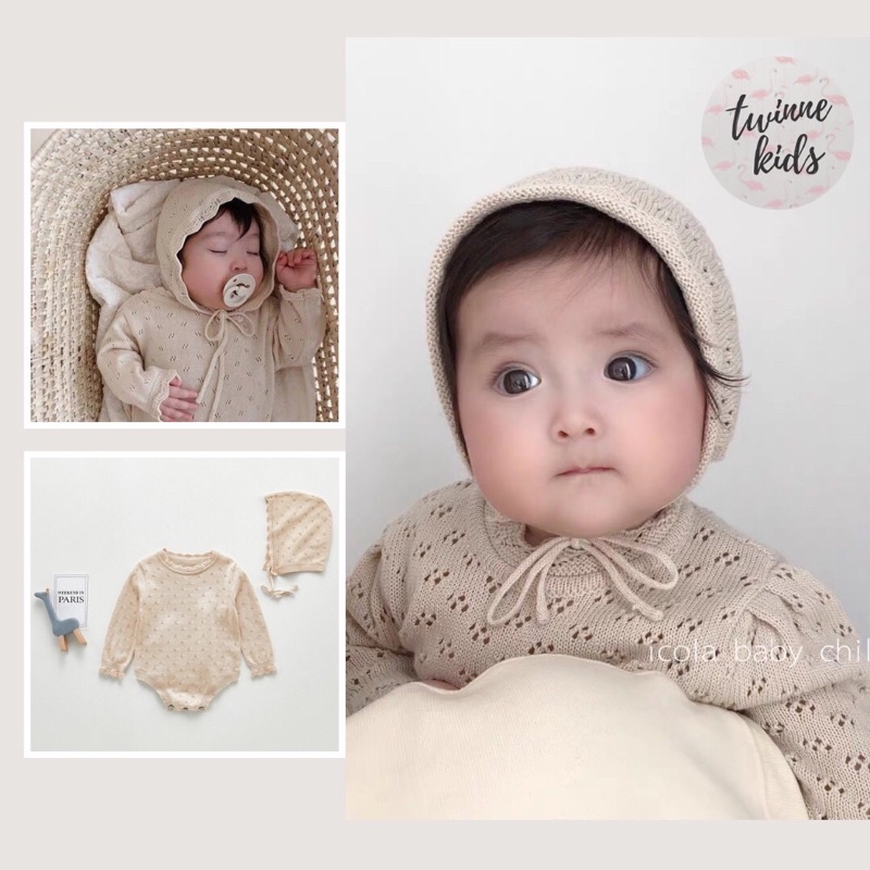 [Emma Baby] Bộ đồ liền thân kèm mũ, romper bodysuit em bé sơ sinh chất liệu len dệt kim bé gái từ 0-24 tháng