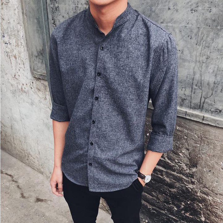 Áo Sơ Mi Xám Dáng Ôm Body Cổ Tàu | BigBuy360 - bigbuy360.vn