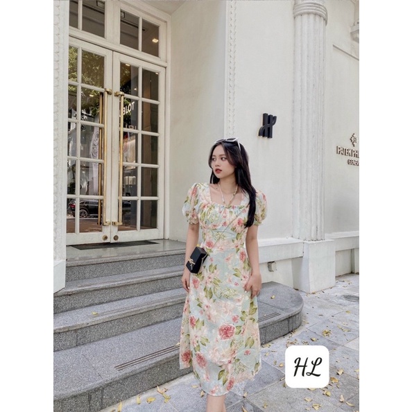 Váy hoa midi vải voan tơ siêu tôn dáng