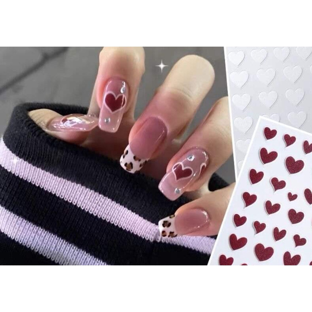 HÌNH DÁN NAIL 3D - STICKER DECAN- TIM ĐỎ & TIM TRẮNG & TIM SAO ĐEN