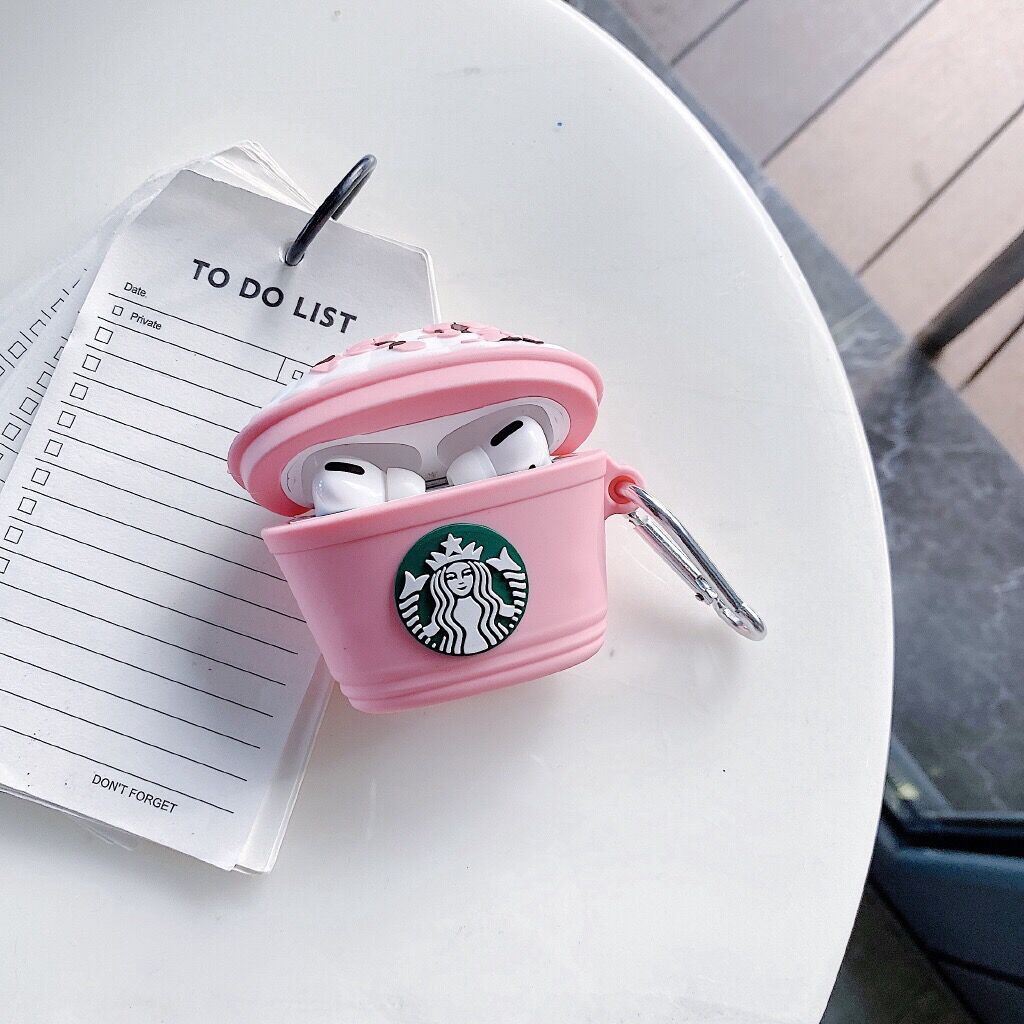 Vỏ bảo vệ hộp sạc tai nghe Airpods 1 2 hình ly kem starbucks màu hồng kèm móc treo độc đáo
