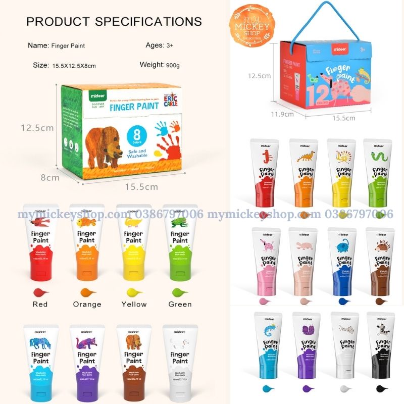 Màu vẽ bằng tay Hãng Mideer Finger Paint 1 hộp 8 tuýp 60ml an toàn cho bé