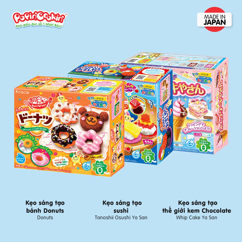 Combo 3 hộp kẹo Popin Cookin đồ chơi sáng tạo ăn được gồm: Bánh Donut + 2 hôp kẹo tự chọn chính hãng