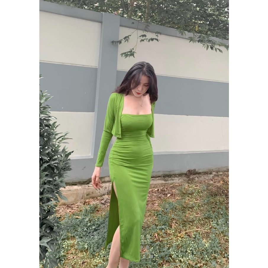 Set đầm body cúp ngực nhún hông xẻ tà kèm áo khoác croptop