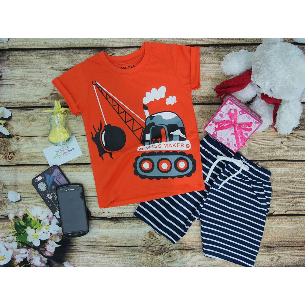 Đồ bộ bé trai hình xe cẩu cute, chất cotton 4c mịn mát nguyên bộ, màu siêu tươi cho bé đẹp