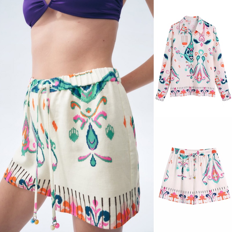 Áo Sơ Mi Tay Dài In Họa Tiết Zara + Quần Short Lưng Thun Phối Dây Rút Thời Trang Mùa Hè Cá Tính Cho Nữ 22 3340579