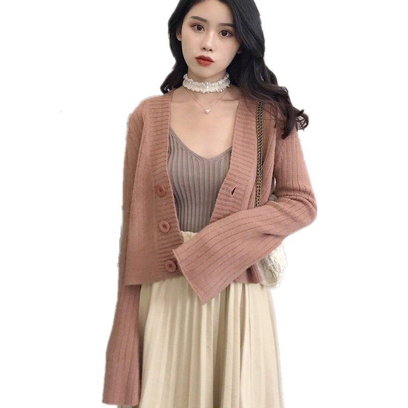Spring and autumn new Korean women's clothing short solid languid style with knitted cardigan sweater and flared sleeve jacket