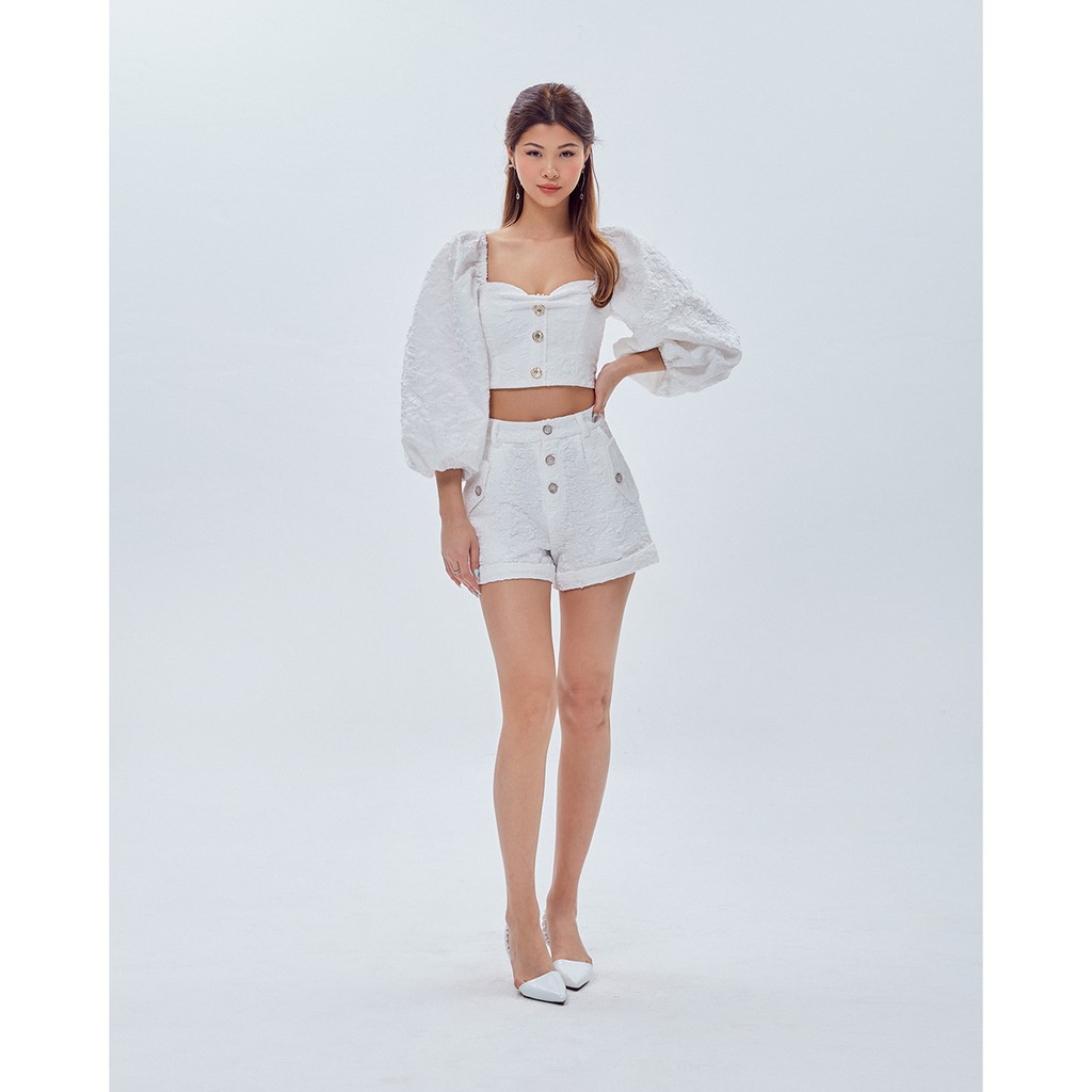 Áo croptop SheByShj gấm tay phồng màu trắng - Angela Top