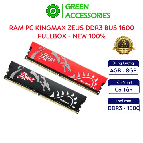 Ram PC Tản Nhiệt KingMax Zeus DDR3 Bus 1600mHz 8GB4GB Renew BH 3 Năm
