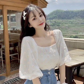 Áo sơ mi voan hoa cúc tay bồng
