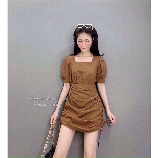 ( MIỄN PHÍ SHIP 2022) Đầm tiểu thư cổ vuông tay phồng, váy nữ đi chơi rút dây hông