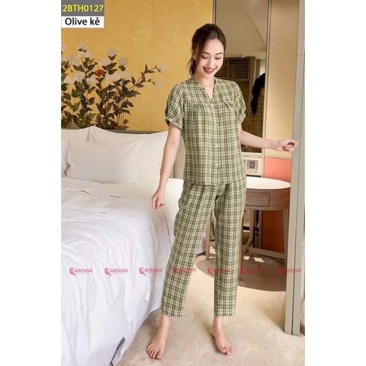 Đồ bộ nữ CARDINA 4 màu kẻ chất thô nhật cao cấp áo cổ tàu tay phồng quần dài thoáng mát nhẹ nhàng 2BTH01