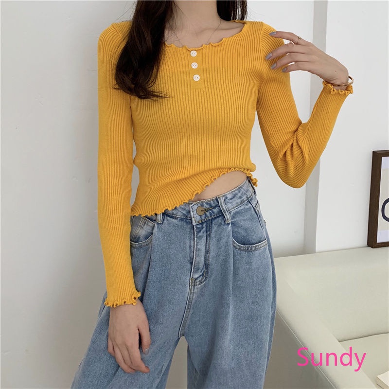 Áo sweater tay dài cổ tròn phong cách thời trang hàn quốc