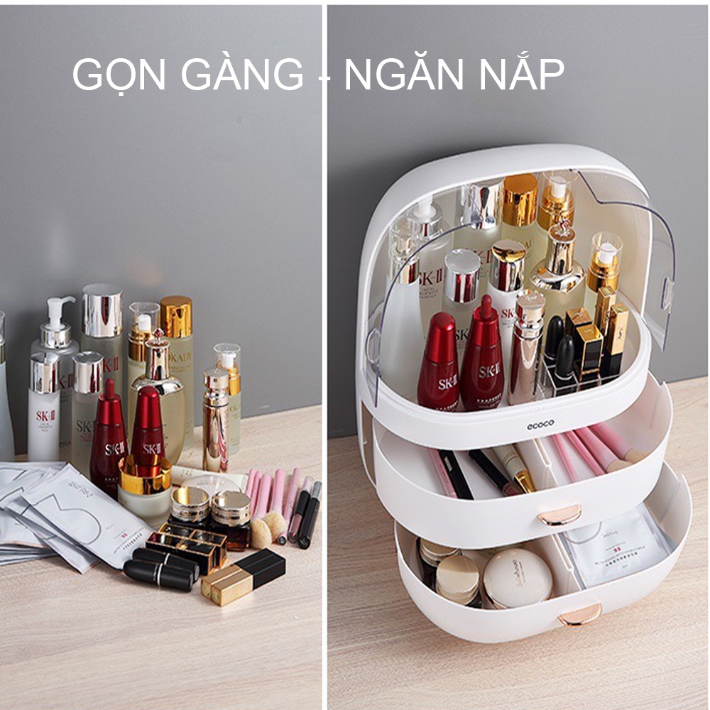 Hộp Đựng Mỹ Phẩm Để Bàn Ecoco Có Nắp Chống Bụi - 2 Ngăn Kéo, Hộp Mỹ Phẩm Mini, Kệ Để Đồ Đa Năng Nhựa ABS Cao Cấp