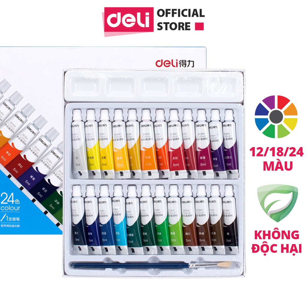 [Mã LIFEDE1111 giảm 50K đơn 99K] Màu nước dạng tuýp 5ml Deli - 12 màu/18 màu/24 màu - 73859 / 73860 / 73861