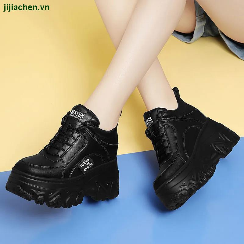 Giày thể thao đế dày cao màu đen buộc dây thời trang xuân thu 2021 cho nữ