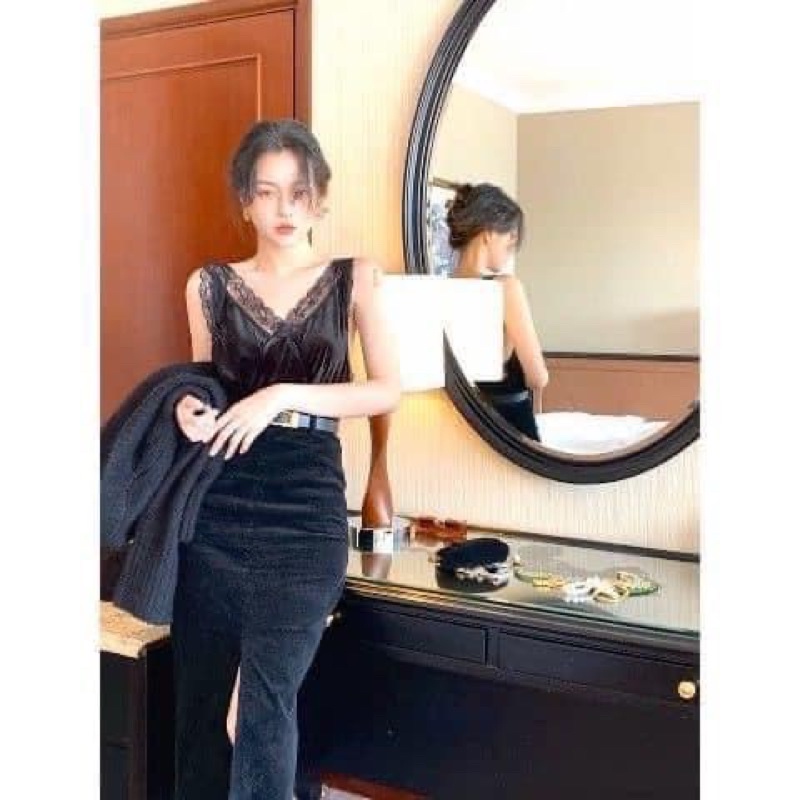 Váy Nhung Tăm Dài  Vintage kèm Belt