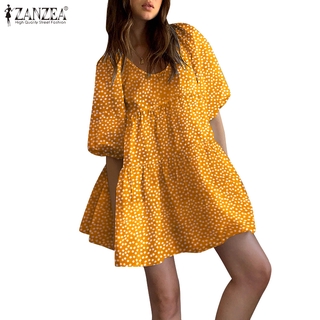 ZANZEA Women Baggy Casual Puff Sleeve O Neck Floral Printed Mini Shirt Dress