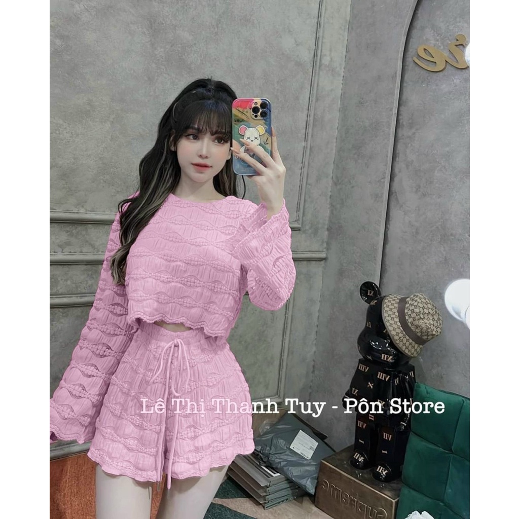 Set Bộ Xốp Dập Sóng Phối Lưới Áo Croptop Tay Dài Loe Kèm Quần Short Loe dễ thương