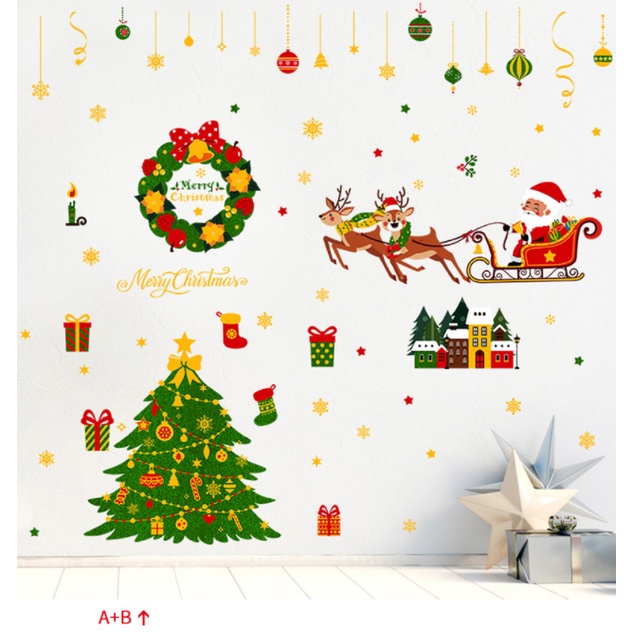 Decal dán tường Noel - Noel cưỡi tuần lộc đi phát quà bên cây thông xanh
