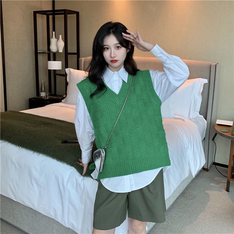 Set áo sơ mi+áo sát nách cổ chữ V phong cách Hàn Quốc trẻ trung cho nữ (có bán lẻ)