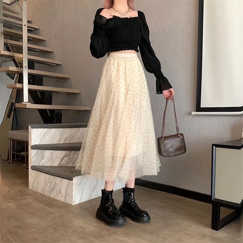 Chân váy Midi xòe dáng dài màu ghi, be, trắng Bling Bling lấp lánh cạp chun đi làm đi chơi đi học phong cách Hàn Quốc