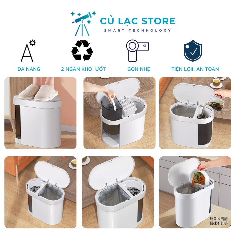 Thùng rác đa năng tách 2 ngăn khô, ướt có khay lưới lọc cặn, chất liệu ABS siêu bền 15L