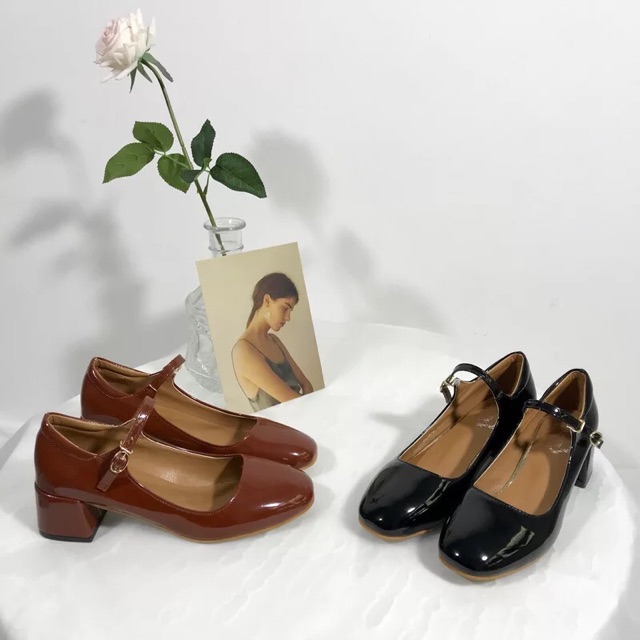 [ HÀNG SẴN ] Giày nữ da bóng Mary Jane mũi vuông cao 5cm | Kèm ảnh thật sản phẩm và video