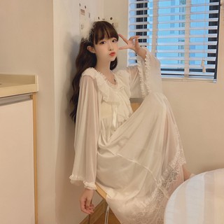 Đầm ngủ công chúa tay dài lưới phối ren cổ nơ ulzzang ( 2 màu )