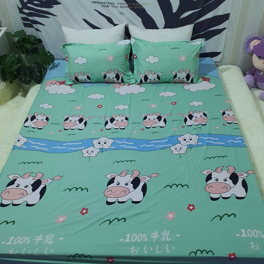 Trọn Bộ 4 Món Chăn Ga Gối Trải Giường Poly Cotton Mẫu BÒ SỮA XANH LÁ (đủ cỡ giường)