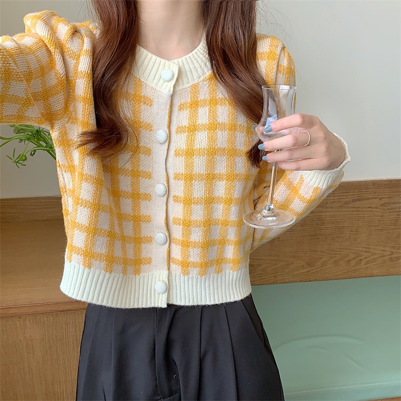 SUXI Áo sweater dệt kim tay dài dáng ngắn họa tiết sọc caro thời trang vintage cho nữ