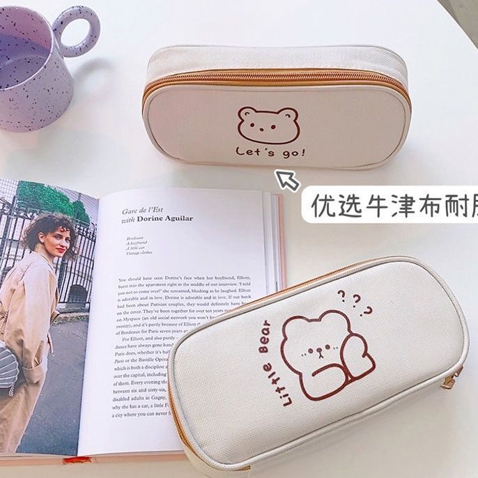 Bóp Viết Vải Canvas Màu Trơn In Hình Gấu Hoạt Hình Dễ Thương