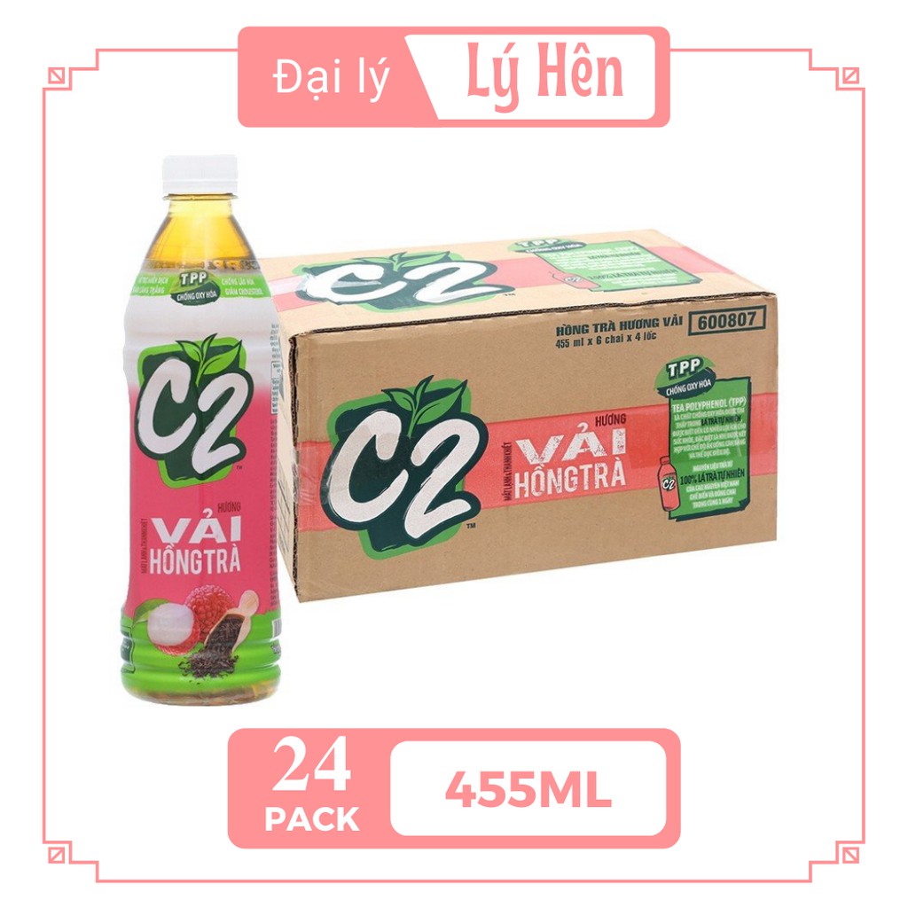 Thùng 24 Chai Hồng Trà Vải C2 Chai Nhựa 455ml Date Luôn Mới