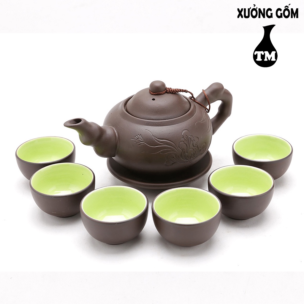 Bộ ấm chén pha uống trà tử sa Xưởng Gốm TM Bát Tràng khay lá 350ml ( bộ bình trà, bộ ấm trà)