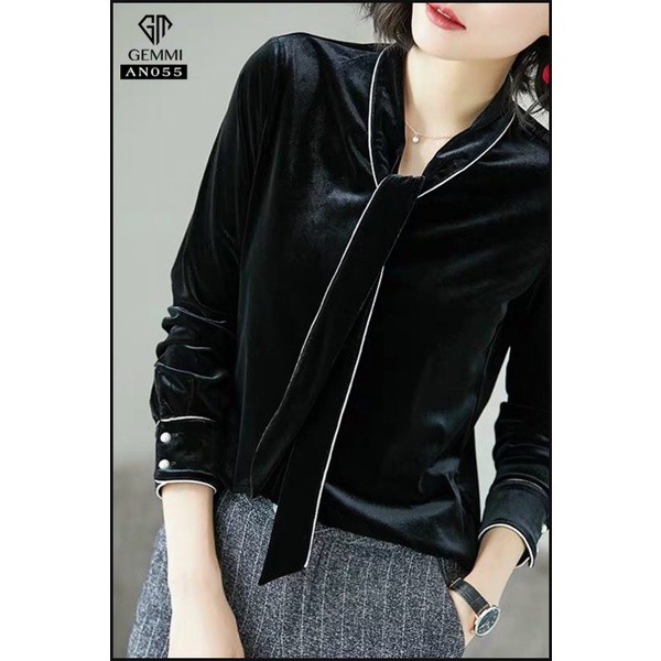 Áo sơ mi nữ nhung cao cấp thiết kế dài tay cổ vơ Gemmi fashion, AN055